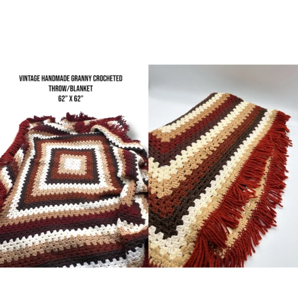 Vtg Handmade Granny Crocheted Throw Blanket Brown, Cream‎ earth tones 62” x 62”